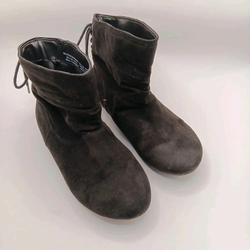 Faded Glory Girls Black Faux Suede Ankle‎ Boots Back Tie US 13 Kids Cute